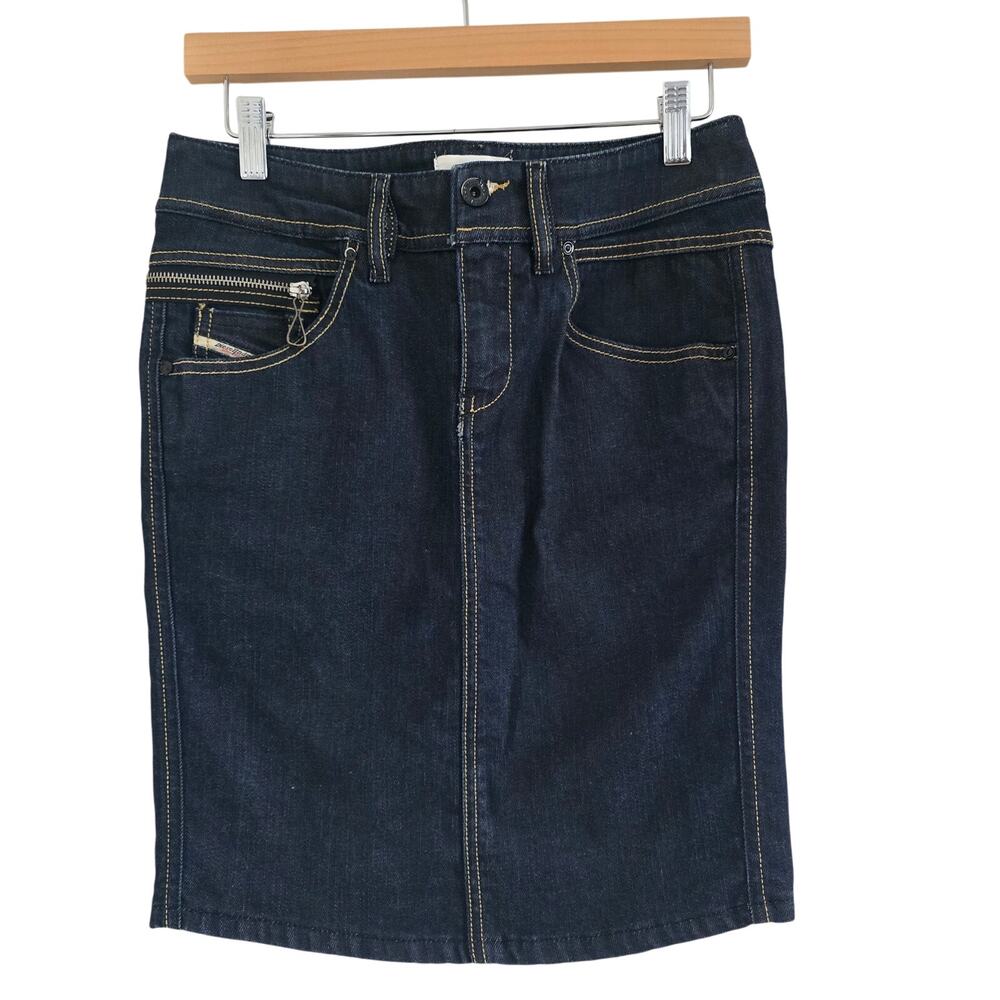 Diesel Vintage Y2K Low Rise Denim Mini Skirt Size 26 Back Slit Dark Wash